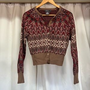 Brown and red with metallic gold thread patterned women’s cardigan
